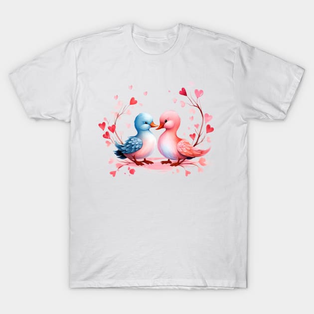 Valentine Kissing Duck Bird Couple T-Shirt by Chromatic Fusion Studio